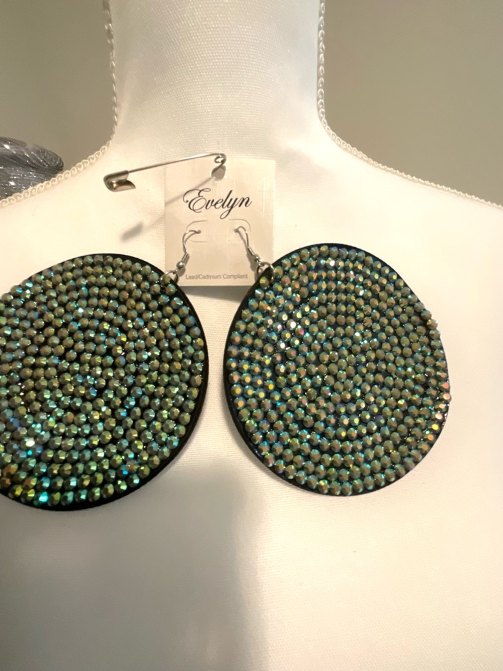 Evelyn Green Iridescent Round Crystal Disc Earrings